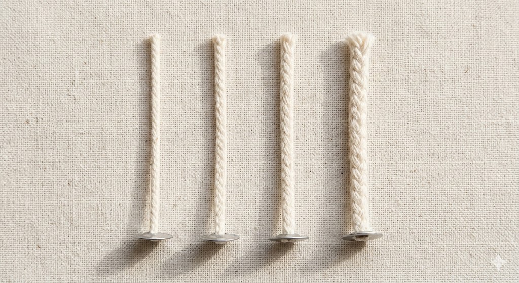 Cotton candle wicks of varying thicknesses arranged side by side