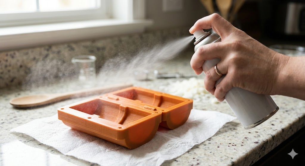 Lightly spraying mold release into an open mold half