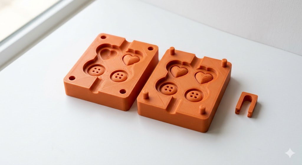 3D-printed orange PLA mold halves ready to be assembled