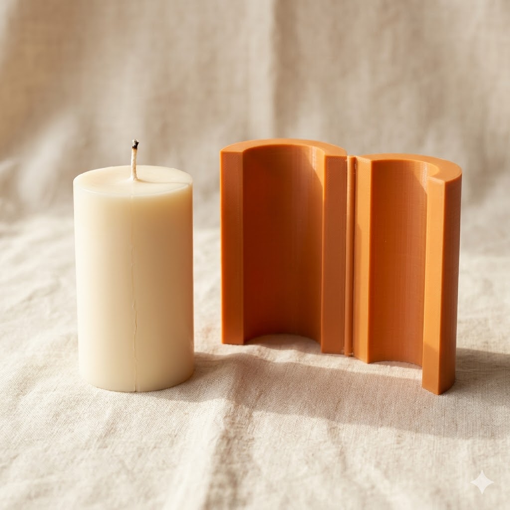 Two-part candle mold with a finished pillar candle next to it