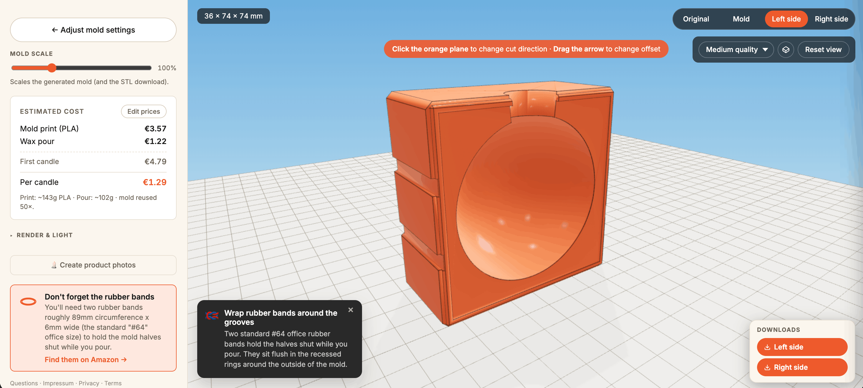 Screenshot of the Meshcast tool generating a two-part mold from an STL upload