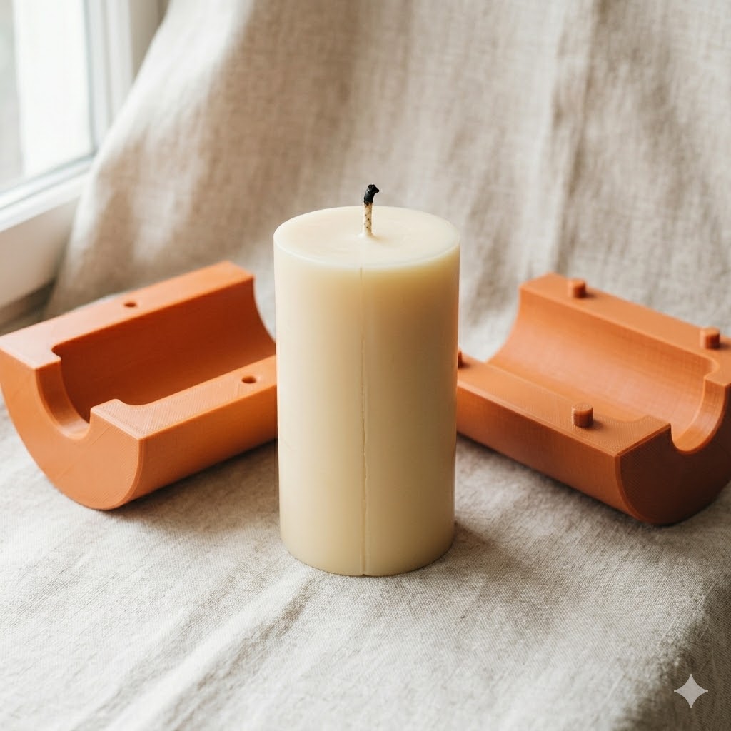 Cooled candle being demolded from the two-part printed mold