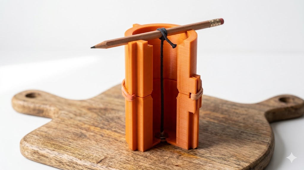 Wick threaded through the mold and secured with a pencil across the top